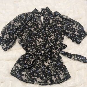 Floral Black Blouse with Belt